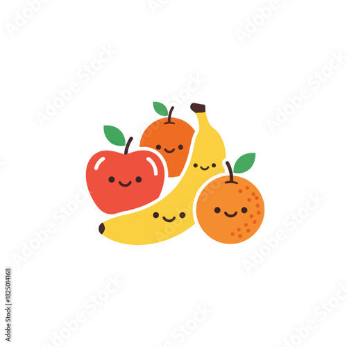 Cute and happy cartoon fruits with smiling faces.