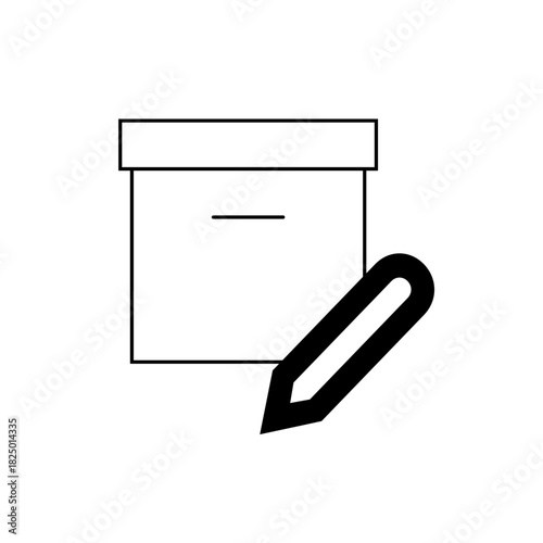 Outline illustration of a box with a lid and a horizontal line with a pencil to the right side of it