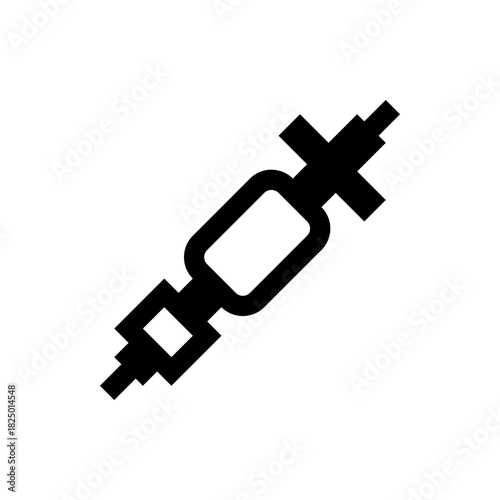 A black and white graphic featuring a stylized syringe with a rectangular body and cross shaped plunger end that is exactly one hundred characters long