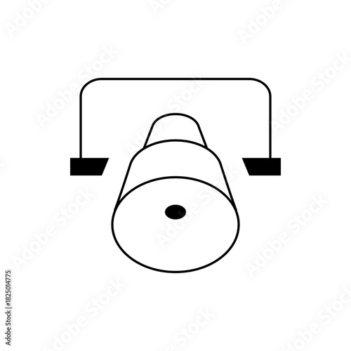 Illustration of a simple white bell with a black clapper hanging from a black u shaped bracket fixture