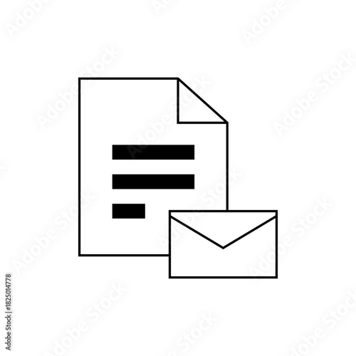 Illustration of a document with text and a folded corner next to an envelope in black and white style
