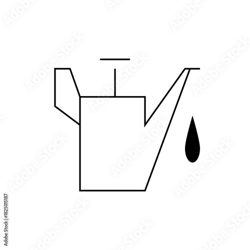 Illustration of a simple oil can with a single drop of oil dripping from the spout in black and white