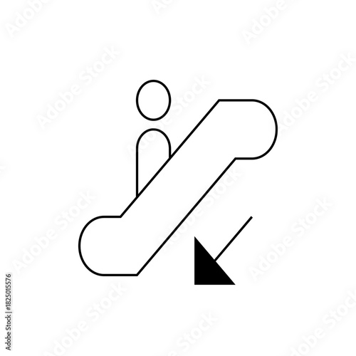 A simple line drawing of an escalator with a person riding downwards, indicated by a black arrow sign