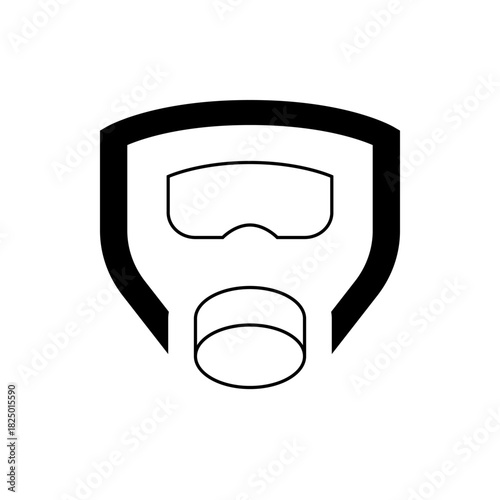Illustration of a gas mask with goggles and a filter inside a shield outline on a white background view