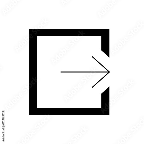 Arrow pointing right entering a square frame with a gap on the right side in a simple black and white design