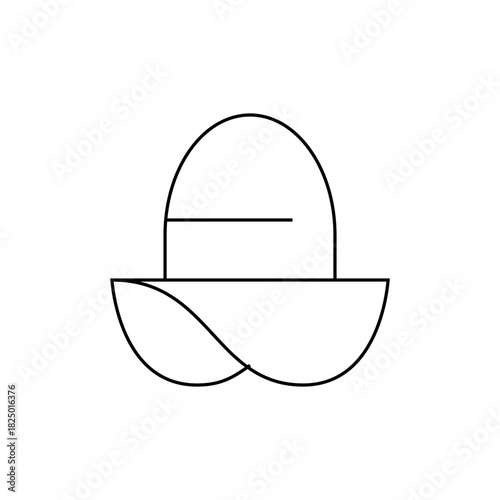 Illustration of a sun hat with a rounded top and a brim that has a curved design on the sides