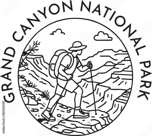 Grand Canyon National Park - Hiking monoline vintage outdoor badge design