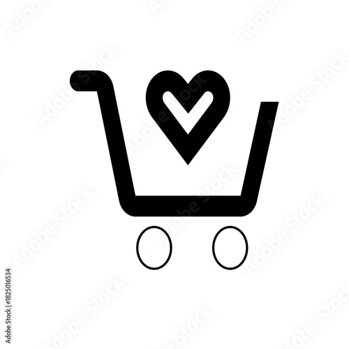 Illustration of a shopping cart with a heart shape inside and two circles representing wheels below