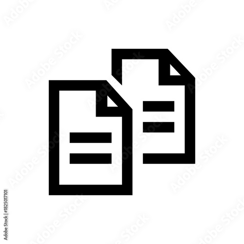 Two simple documents with folded corners and horizontal lines representing text in a minimalist style icon