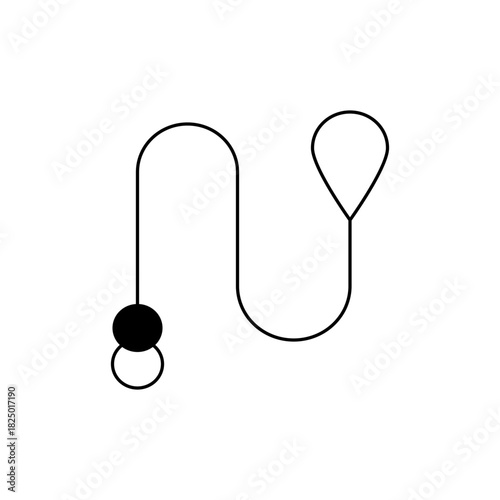 A minimalist illustration of a black ball connected to a winding line ending in a teardrop shape loop design