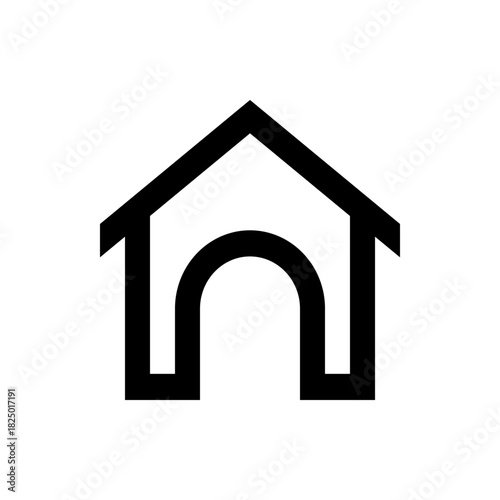 Illustration of a simple black and white dog house icon with a rounded doorway and triangular roof shape design