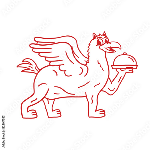 hand drawn griffin holding a serving platter cartoon illustration