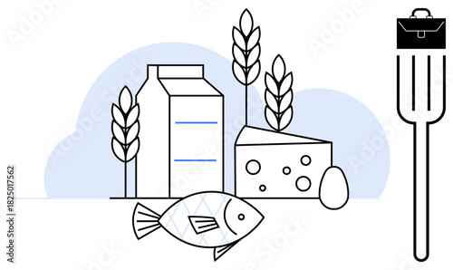 Milk carton, cheese, fish, wheat, and egg with a standing fork featuring a business briefcase. Ideal for nutrition, agriculture, health, food industry sustainability culinary and business