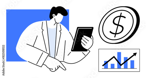 Businessman holding a tablet, pointing to data. Growth chart and dollar icon signify financial success. Ideal for finance, business growth, analytics, investment, strategy, technology economy