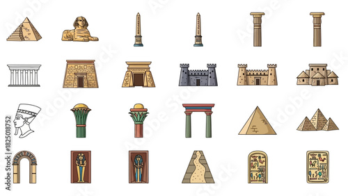 Ancient Egypt Icons Pyramids, Sphinx, Temples, and More - A Colorful Icon Set