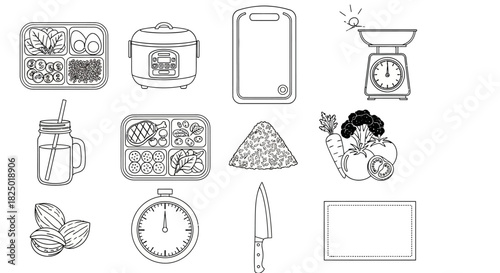 A versatile collection of monochromatic line art icons depicting essential kitchen tools, healthy food items, and meal preparation elements for modern cooking and dietary planning
