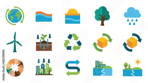 Collection of vibrant flat design icons representing environmental protection, sustainability, nature, and renewable energy concepts for eco-conscious projects and green initiatives