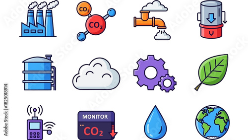 Environmental Icons Industry, Nature, and Monitoring Symbols