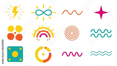 Vibrant collection of minimalist abstract symbols and icons for modern graphic design, featuring stars, waves, rainbows, and other creative elements