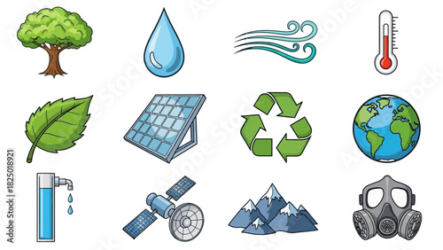 Environmental Icons Tree, Water Drop, Wind, Thermometer, Leaf, Solar Panel, Recycle, Globe, and More