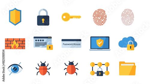 A diverse collection of flat style illustration icons for cybersecurity, network safety, and digital data protection