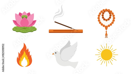 Collection of religious and spiritual icons including lotus flower, incense, prayer beads, fire, dove, and sun