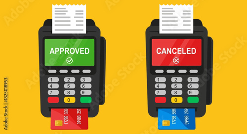 Approved and Canceled Payment Terminal Illustrations with Credit Cards and Receipts