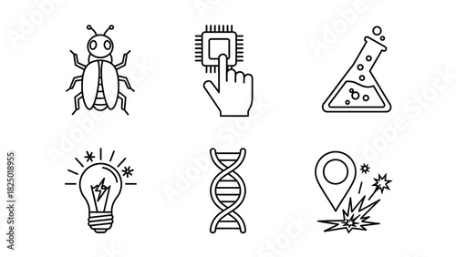 Collection of science and technology icons a beetle, a microchip, a flask, a lightbulb, DNA, and a location marker