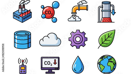 Climate Action Icons Carbon Reduction, Sustainable Energy, & Eco-Friendly Industry