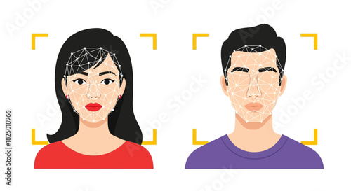 Modern biometric facial recognition system scanning human faces for digital identification and secure access. Illustration of advanced technology for privacy and security verification