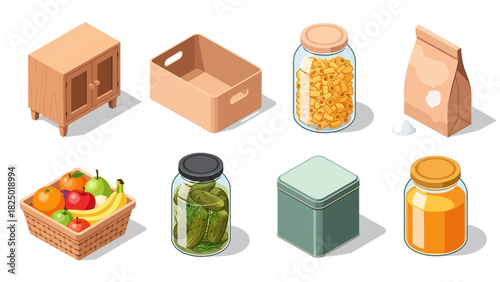 A set of isometric icons depicting various kitchen and pantry items, including food storage containers, jars of preserves, and fresh fruit