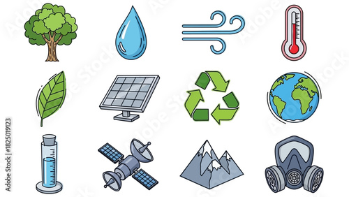 A diverse set of colorful illustrated icons representing themes of ecology, environment, nature, and sustainable technology