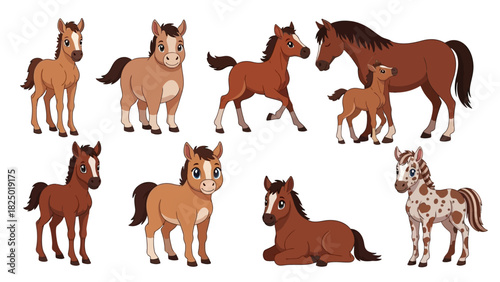 Charming set of cartoon horses and adorable foals, depicting various poses and expressions, perfect for children's designs and animal-themed projects