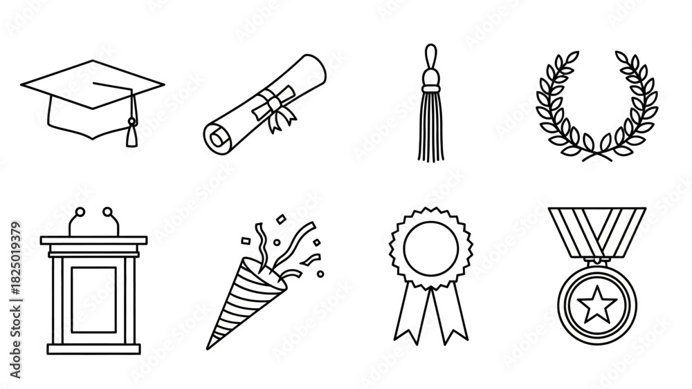 Fototapeta premium Detailed Illustrative Line Art Icons Representing Graduation Celebrations, Academic Success, Diplomas, Awards, and Milestones in a Clean Vector Style