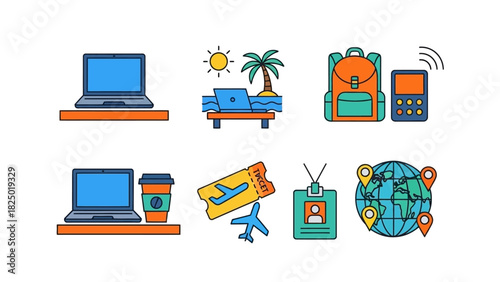 Set of colorful line icons representing digital nomad lifestyle, remote work, and global business travel concepts