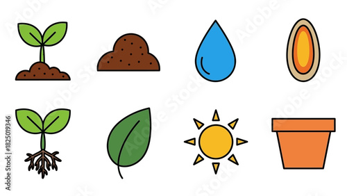 A colorful set of line art icons illustrating the stages of plant growth, from seed to sprout, including elements like soil, water, sun, and pot for gardening or agriculture concepts