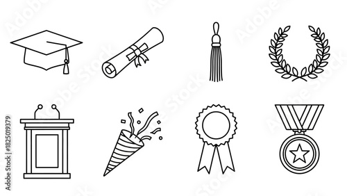 Detailed Illustrative Line Art Icons Representing Graduation Celebrations, Academic Success, Diplomas, Awards, and Milestones in a Clean Vector Style