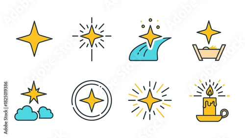 Radiant star and celestial light icon collection. Vector illustrations with sparkling glow and heavenly symbols. Ideal for spiritual, holiday, and universal design projects