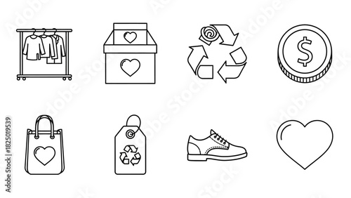 Set of line icons representing sustainable fashion, clothing donation, charity, and second-hand shopping concepts