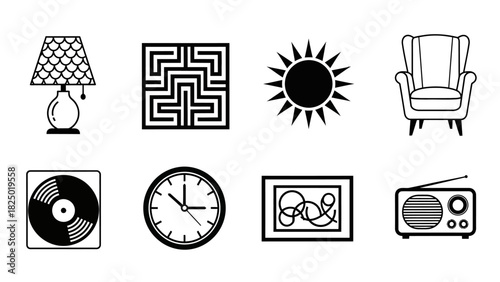 Collection of Black and White Line Art Icons for Home and Leisure
