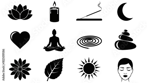 Set of 12 black and white icons for wellness, meditation, and relaxation, including a lotus flower, candle, incense, moon, heart, yoga figure, zen stones, and a flower