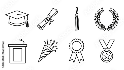A collection of academic graduation ceremony line icons. Vector illustration set of symbols for achievement and commencement