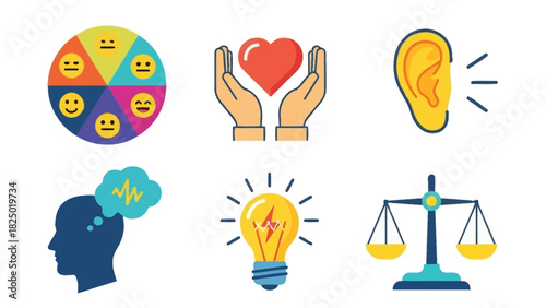 Set of 6 vector icons illustrating different emotions, care, hearing, thinking, ideas, and justice
