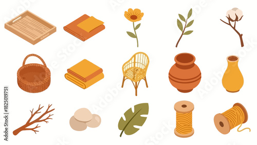 Isometric set of boho home decor icons including wicker furniture, clay pottery, and natural elements. Vector illustration collection for hygge lifestyle