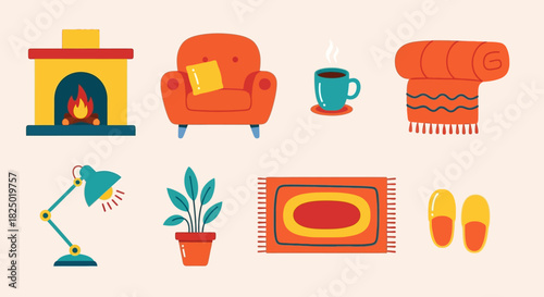 Vector illustration set of cozy home icons. Fireplace, armchair, blanket, and other elements for a comfortable and warm interior design
