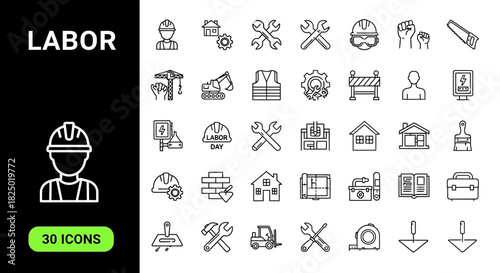 Versatile vector icon collection showcasing 30 detailed line art symbols related to construction, workforce, and industrial labor occupations for modern graphic design resources