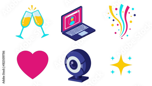 A vector illustration set of modern flat icons for online dating, virtual celebrations, and communication