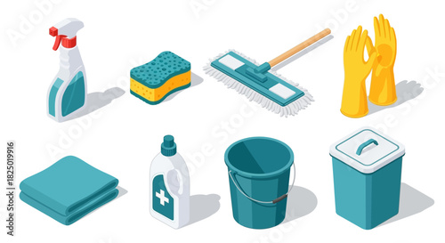 Collection of cleaning supplies and equipment for domestic chores and sanitization