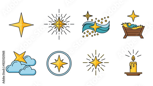 A beautifully illustrated set of Christmas icons featuring the Star of Bethlehem, the Nativity manger, and symbols of light and celebration for holiday designs