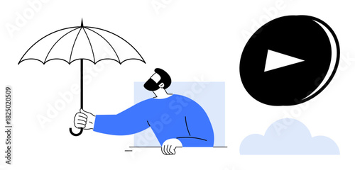 Bearded man in blue holds umbrella, symbolizing protection. Play button with cloud adds modern tech, creativity. Ideal for protection, creativity, streaming, cloud service, digital safety